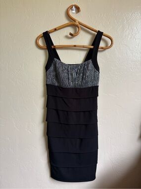 Y2K 2000s Sweet Storm Silver Metallic Black Tiered Mini Going Out Dress Size M
